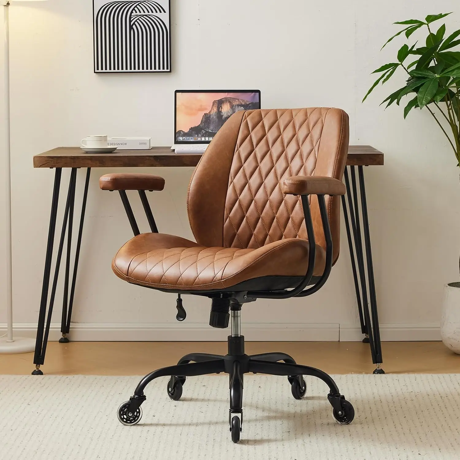 Home Office Desk Chair Ergonomic Computer Chair With Lumbar Support Rubber Casters Adjustable Height Rolling Swivel Executive Task Chair With Armrests Brown Leather