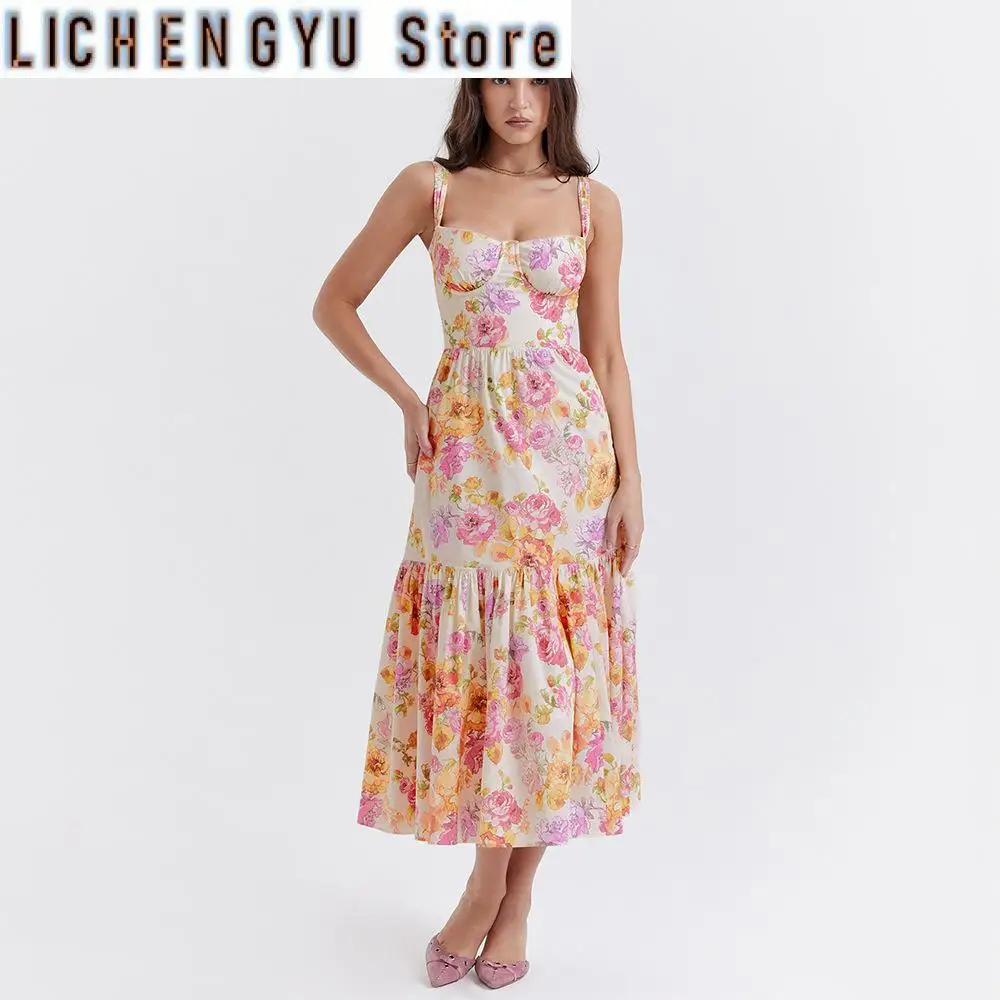 

Summer Spaghetti Strap Midi Dress Elegant Casual Floral Print Holiday Party Dress with Pocket Women's Clothing