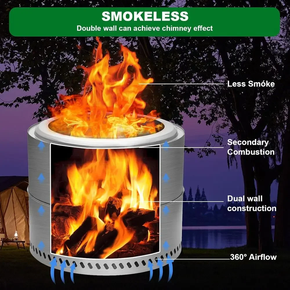 19.1 Portable Outdoor Fire Pit, Stainless Steel, with Grill, Ash Tray, Carry Bag