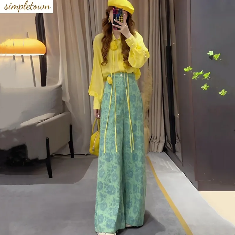 

2024 Summer New Women's Set Light Mature Three Dimensional Flower Loose Shirt Printed Wide Leg Pants Two Piece Set