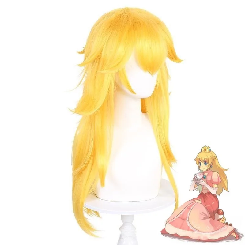 Perruque princesse pêche Cos, robe de soirée de cérémonie, Match de cheveux longs dorés, jeu Super Mario Bros, couvre-chef de rôle de princesse