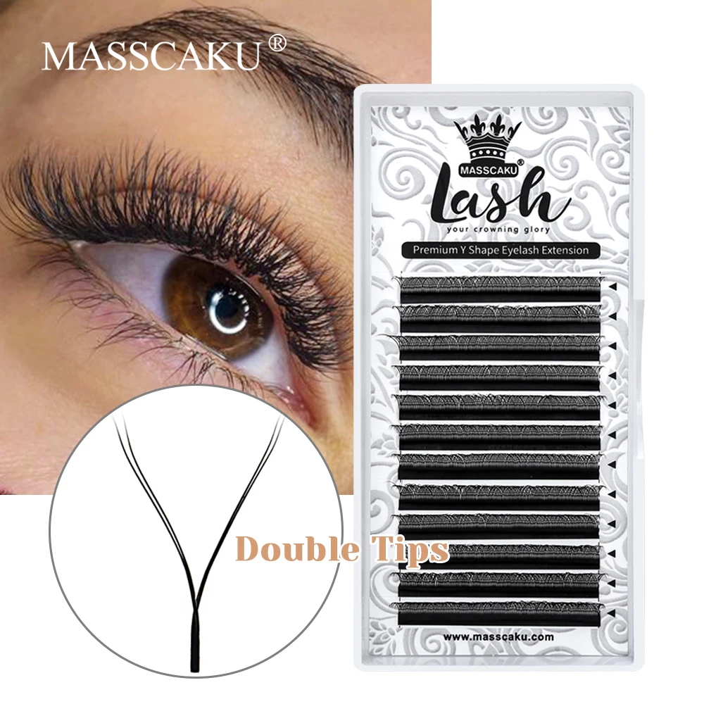 

Hot Selling MASSCAKU 0.05/0.07mm Thickness Handmade Double Split Tips Lashes C D Curl Wispy YY Shaped Eyelash for Beauty Salon