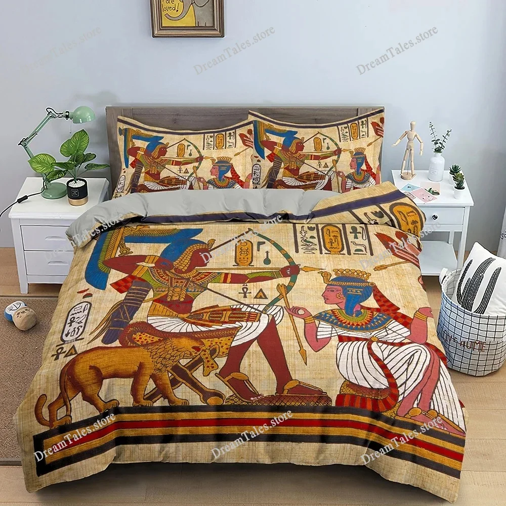 Egypt Comforter Cover Ancient Egyptian Script Duvet Cover Set for Kids Boys Pharaoh Pyramid Bedding Set Egypt Tribal Quilt Cover