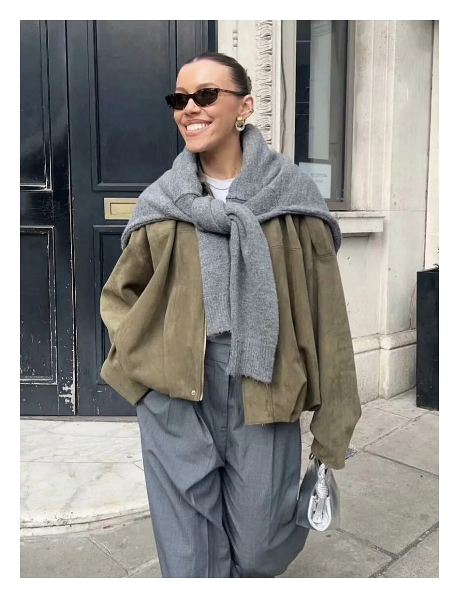 2026 Spring New Long Sleeve Bomber Jackets For Women Elegant Solid Stand Collar Short Coats High Street Chic Lady Outerwear Top