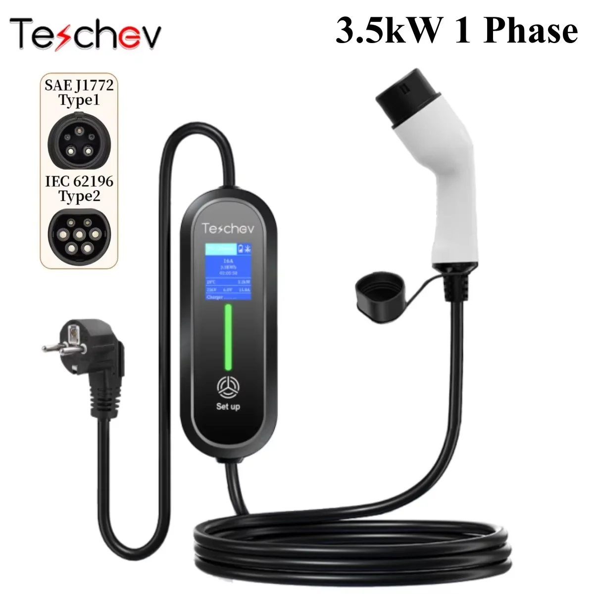 Teschev 220V 230V Portable EV chargeur Wallbox 16A Type1 J1772 câble de charge Type2 cordon IEC62196 prise Schuko pour voiture électrique