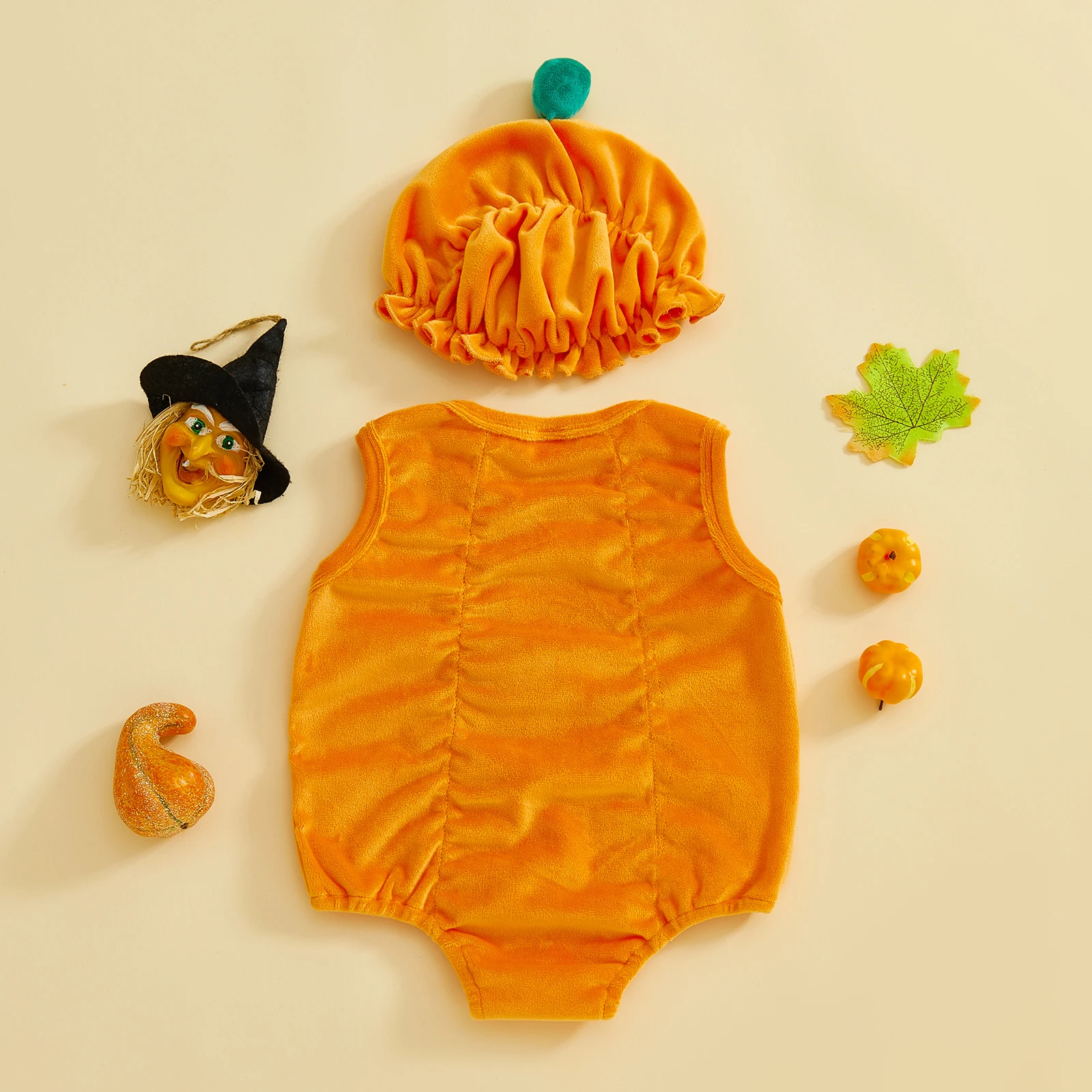 

Милый комбинезон с тыквой для малышей, боди без рукавов с круглым вырезом и шляпой, комплект одежды из 2 предметов, наряд на Хэллоуин