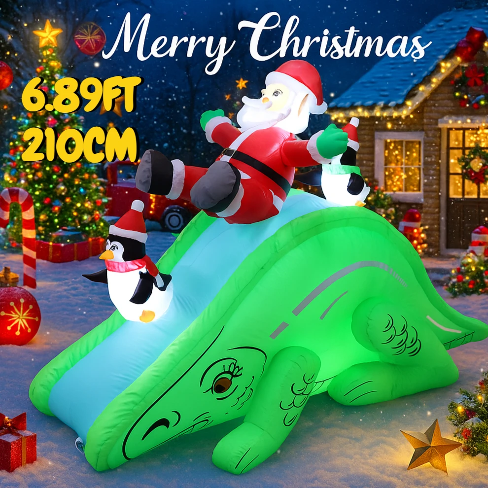 6.89FT Outdoor Holiday Decoration Inflatable Santa Penguins Dinosaur Slide Toy Festive Xmas Ornament Yard Decor Supplies LED