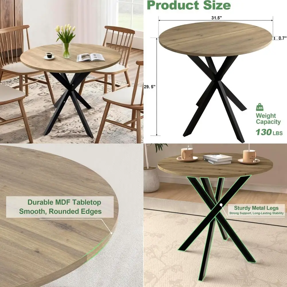 

Modern 31.5 Round Kitchen Table for 2-4, Metal Black Legs, Dining Room Furniture