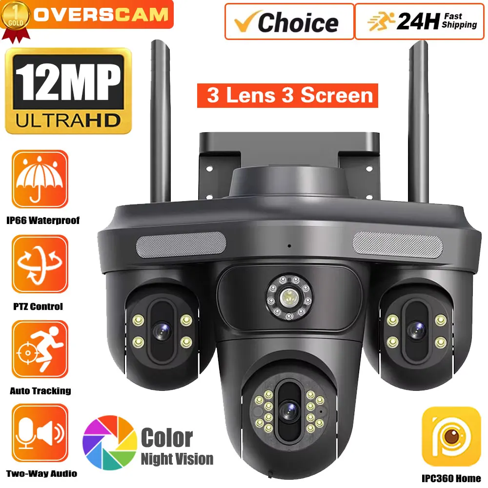 

New 6K 12MP HD Three Lens PTZ IP Camera Outdoor Three Screen WiFi Security Auto Tracking Smart Home Wirelss CCTV Camera IPC360