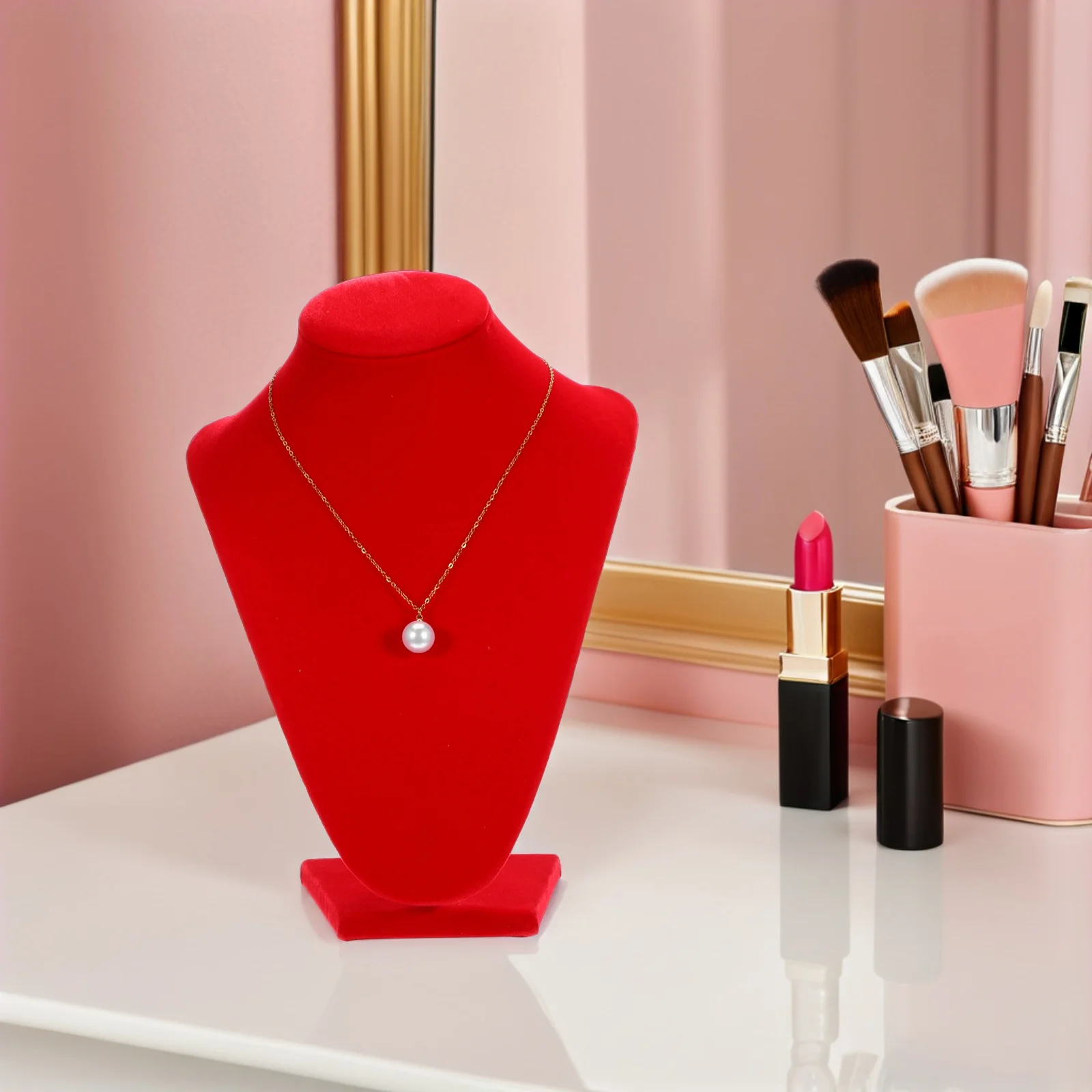 

Necklace Display Stand Jewelry Organizer Chain Hanger For Necklaces Pendants Chokers 9.82X7.07X5.89 Inch Soft Red Jewelry Holder