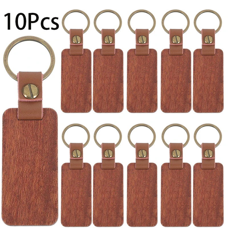 

10Pcs Wood PU Leather Keychain For Men Women Wood Pendant Keychain For Keys Jewelry Accessories