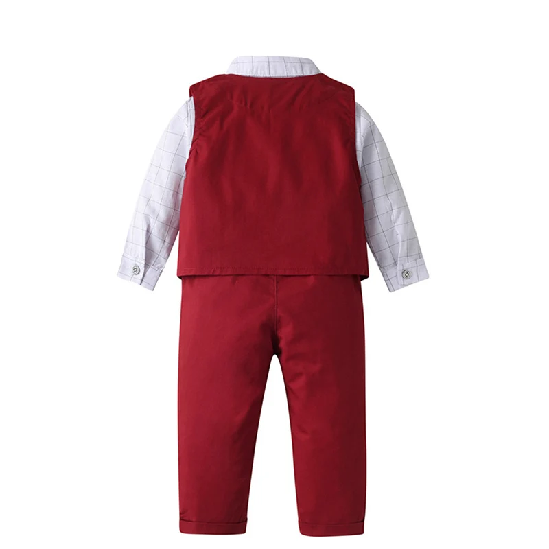 Children\'s Suit Set Baby Boy Long-Sleeved Shirt Bowtie Clothes + Trousers Kids Red Wedding Birthday Party Costume Gentleman Suit