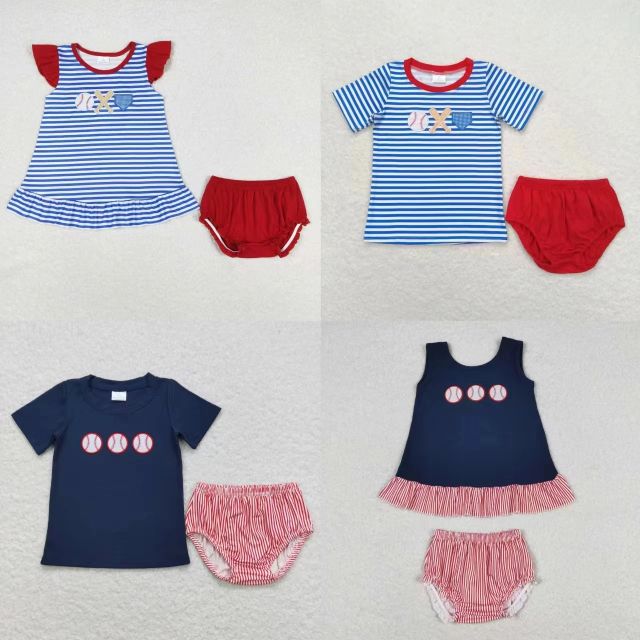 Wholesale Kids Baseball Outfit Children Short Sleeves Embroidery Bummie Shorts Infant Summer Baby Boy Girl Toddler Stripes Set