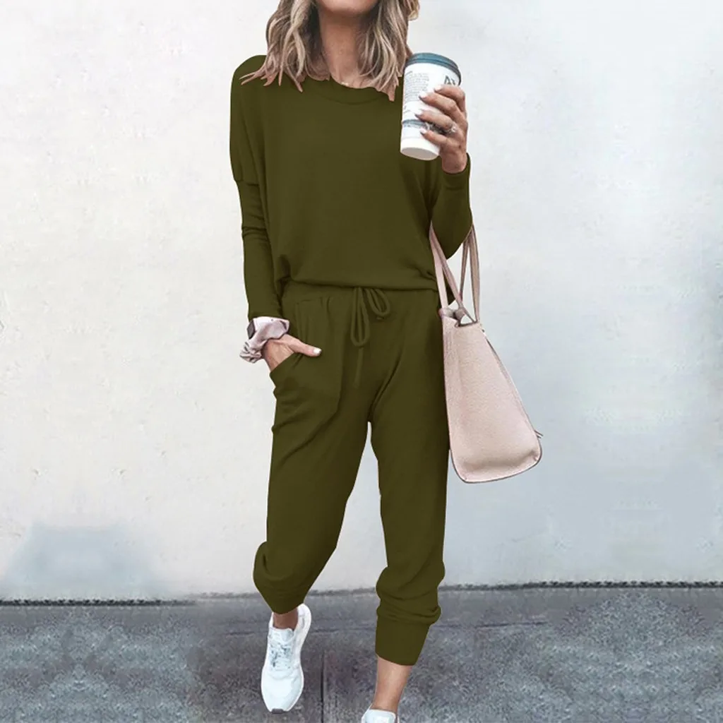 Women Solid Color Long Sleeve O Neck Blouse Top Drawstring Pants Sport Tracksuit Sports shirts autumn winter set Tracksuit Women