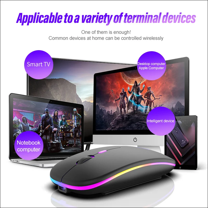 Rechargeable Bluetooth Mouse, 2.4G Dual Mode, Seven Colors Breathing Light Mute Button, Suitable for PC, IPad, Laptop