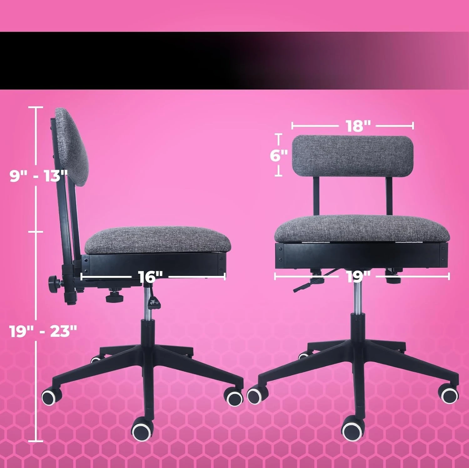 

Sewing Chair with Wheels and Adjustable Back Support - Hydraulic Armless Sewing Machine Chair for Crafting, Quilting