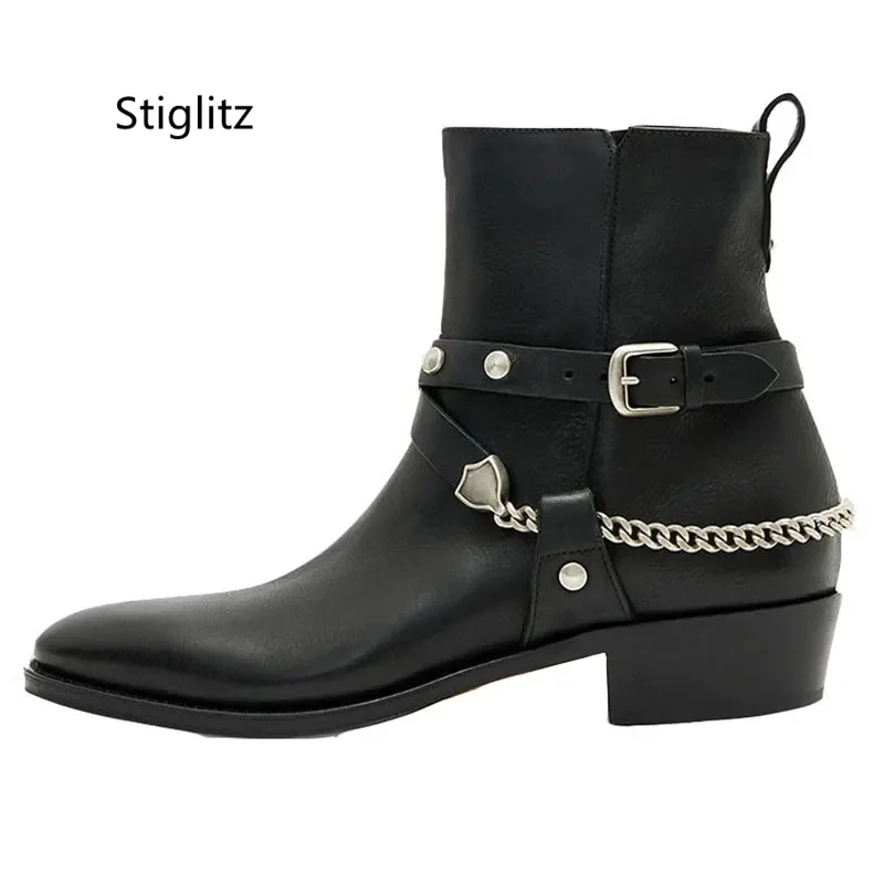 Metal Chain Buckle Strap Ankle Boots for Men Black Pointed Toe Zip Leather Men\'s Boots Stylish Med Heels Chelsea Boots Male Shoe