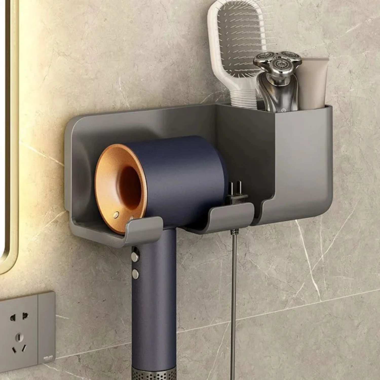 Convenient and Durable Non-Punching Wall-Mounted Hair Dryer Rack Holder for Bathroom - Easy to Install and Space-Saving Storage