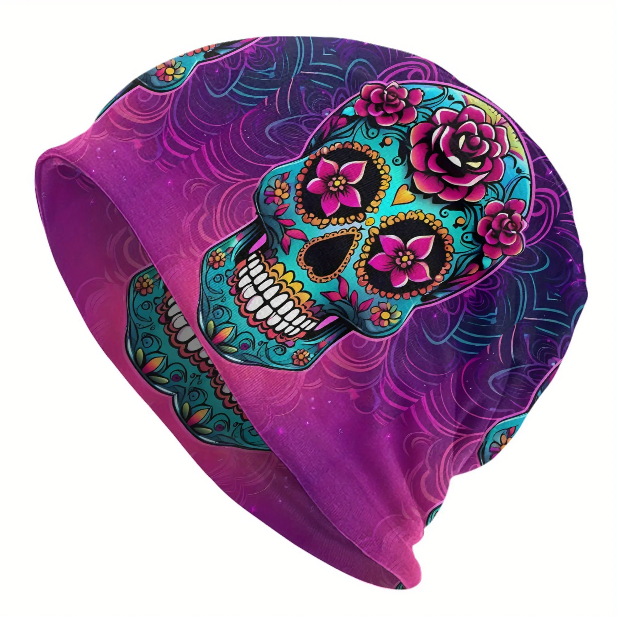 2D Print Design Sugar Skull Calavera Dia De Los Muertos Bonnet Hats, Men's Skullies Beanies, Hip Hop Caps
