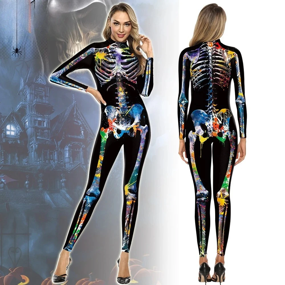 

2025 Million New Colorful Paint Skeleton Digital Printing Long-sleeved Party Costume