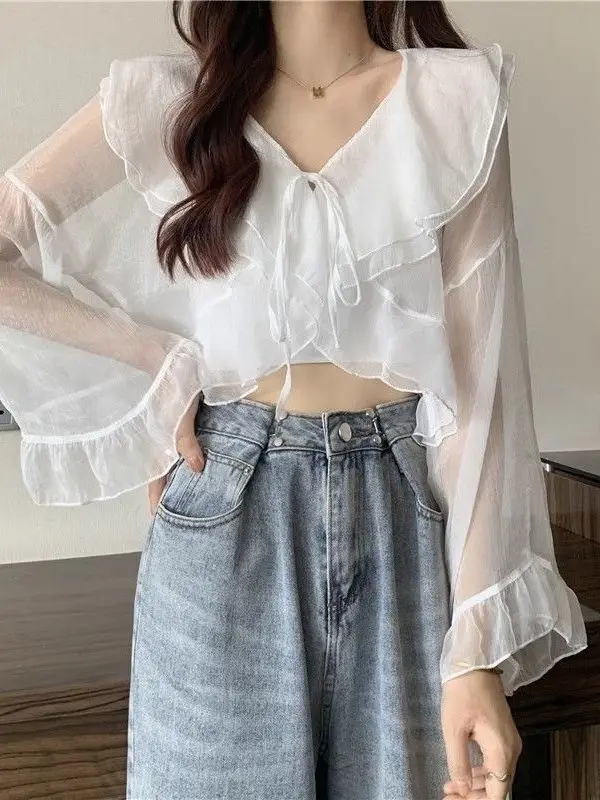 

Elegant Short Sleeve Women's Sun Protection Chiffon Shirt Korean Style V-Neck Breathable Comfortable Korean Fashion 2026 Summer