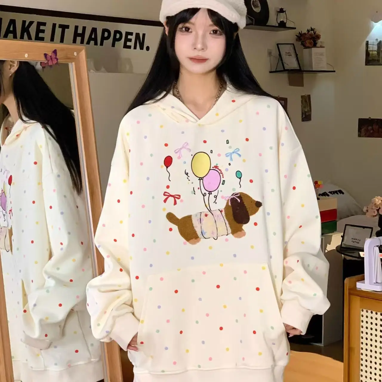 Korean Sweet Cartoon Cute Hoodies Women Loose Embroidery Sweatshirts Preppy Style Fall Winter Fashion Female Kawaii Japan Tops