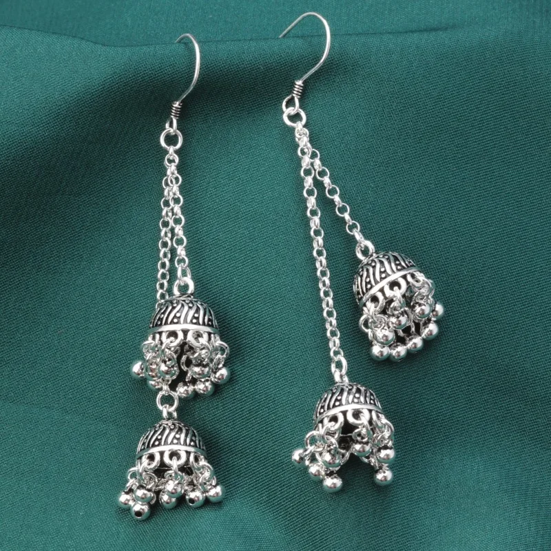 925 Sterling Silver Long Tassel Earrings for Women Vintage Ethnic Thai Silver Horn Shape Hanging Earrings Jewelry Wholesale