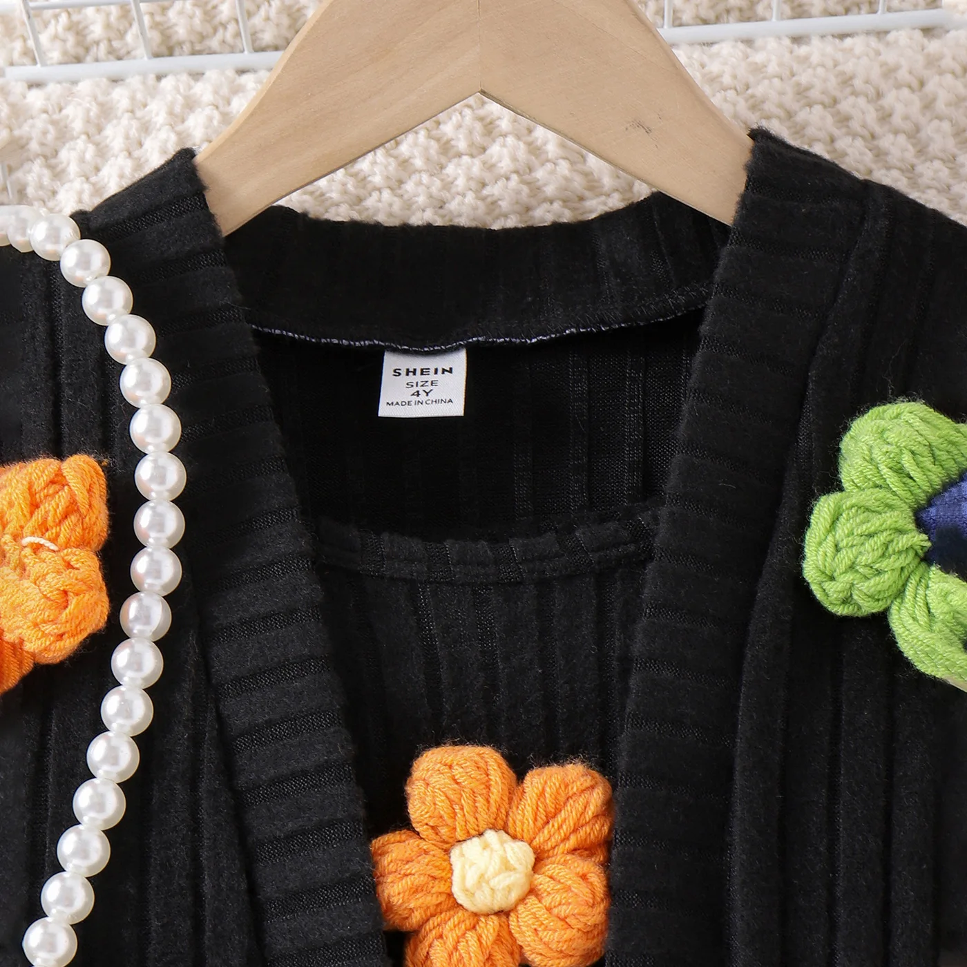 Autumn  winter new small  medium-sized girls foreign three-dimensional flower knitted cardigan long-sleeved black dress set image 6