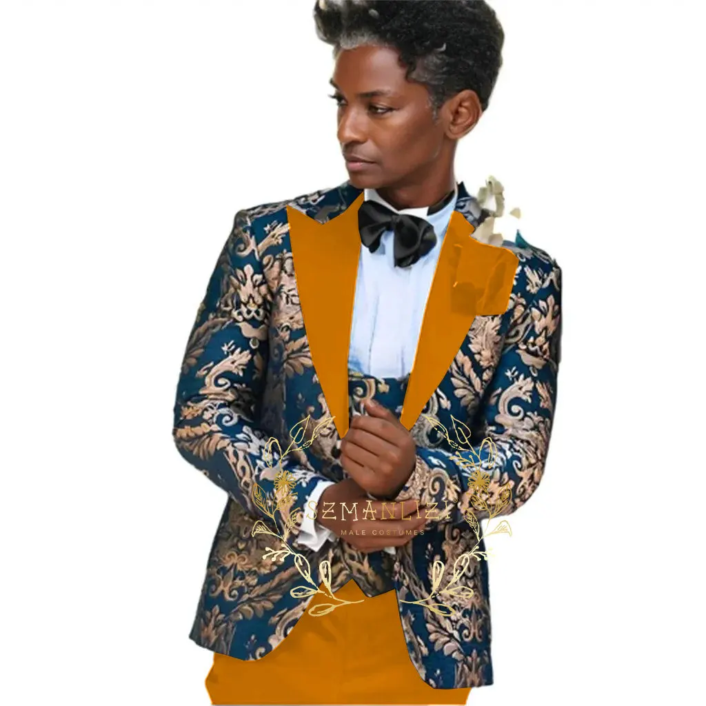 Handsome Suits For Men Navy Blue Gold Floral Costume Homme Mariage 3 Pieces Men Suit Set Tailor Made Formal Tuxedo For Men