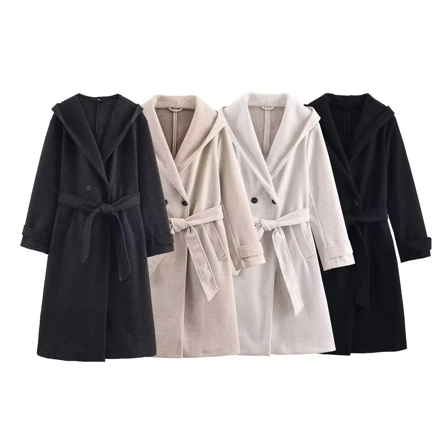 

Women's Soft With Belt Woolen Overcoat Female Slim Fit Hoodie Long Coat Elegant Commuting Bathrobe Style Coats Streetwear