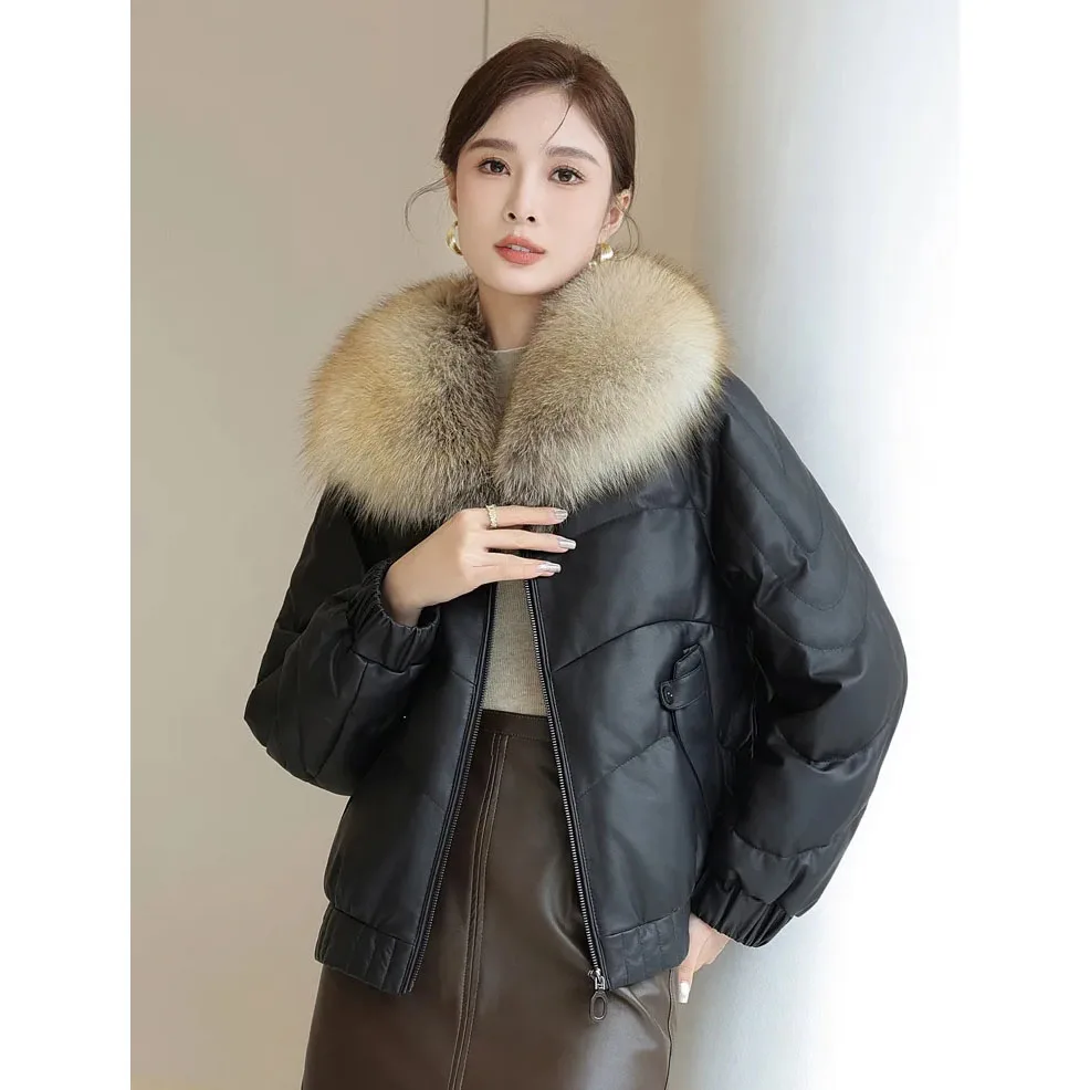 Giacca in pelle di cotone invernale di alta qualità nuova pelle di pecora da donna cappotto in pelle nera collo di pelliccia piumino corto parka Outwear