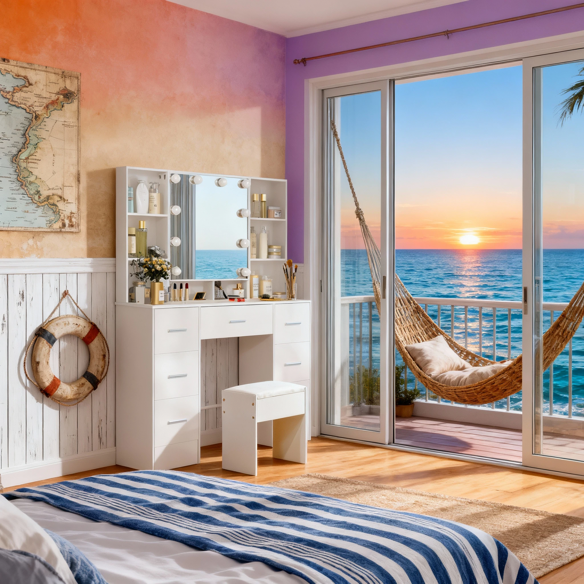 طاولة مكياج خشبية بيضاء مع مرآة LED و7 أدراج