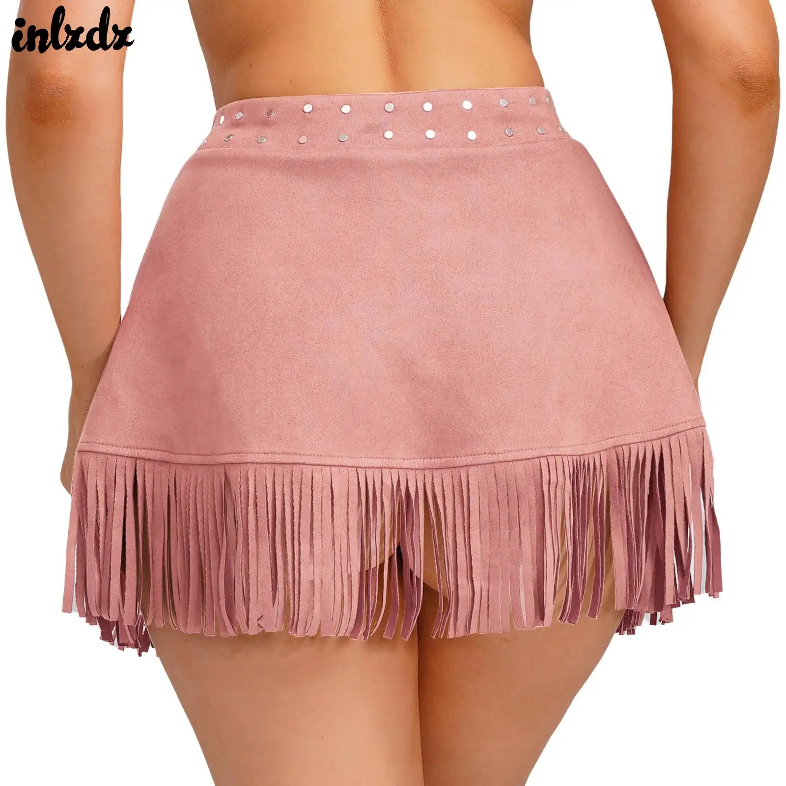 Womens Western Cowgirl Cosplay Mini Skirts Tassel 70s Disco Fringe Mini Skirt Double Buckles Rivets Faux Suede Skirt Retro