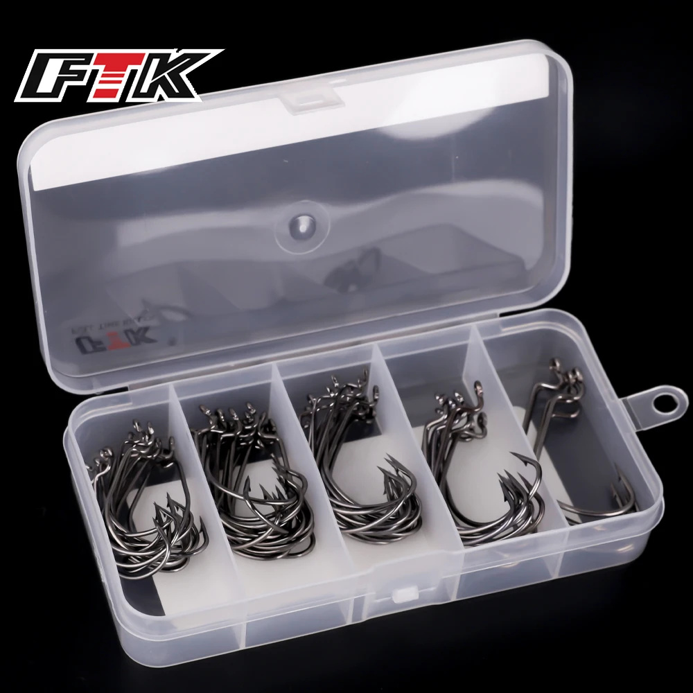 FTK Crank Angelhaken-Set, 5 Größen, 2 Farben, 60 Stück/Box, hochfester Stahl, breiter Spalt, versetzter Widerhaken, Wurmhaken für Barsch-Angelzubehör