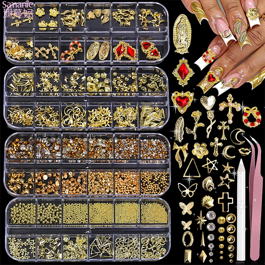 Mixed Gold Nail Charms Rhinestones Set, Cross Butterfly Heart Star Ornaments with Tweezers & Wax Pen for DIY Nail Art