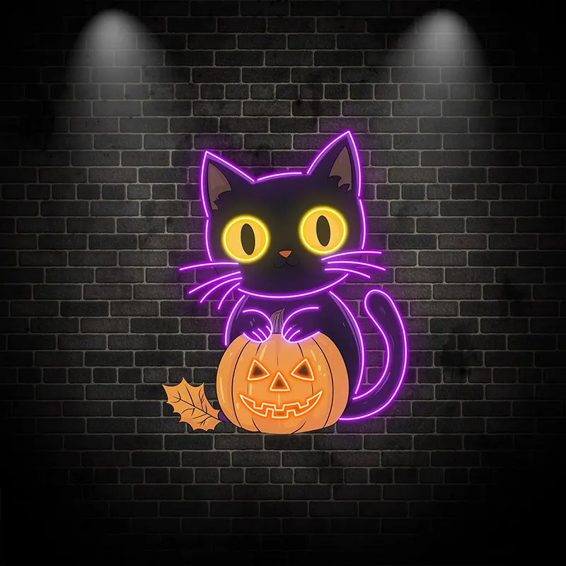 Halloween Black Cat & Pumpkin Neon Light, Cute LED Decoration for Halloween Party, Indoor Wall Decor, Spooky Vibes, Perfect Gift