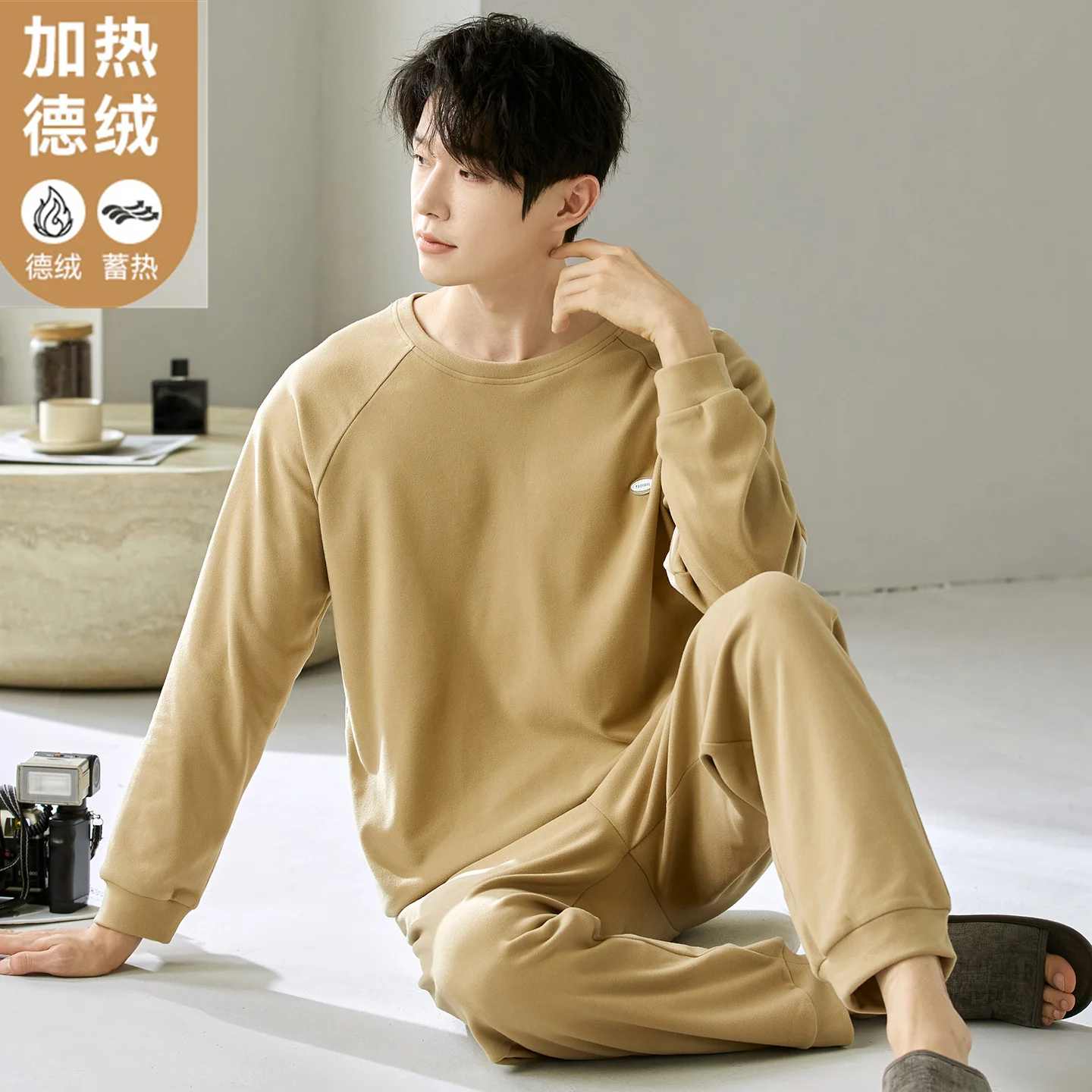 Korean Fashion Winter Thin Fleece Warm Nightwear for Men Sleepwear 2Pcs/set Sleeping Top Pant Homewear Young Boy Pjs Pyjamas