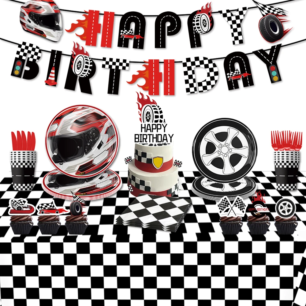 

Hot Wheels Race Car Birthday Supplies Racing Theme Party Decor Balloon Checkered BannerTableware Cars Cake Topper Decoration