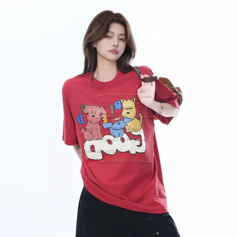 

New American Retro Fun Plaid Puppy 3D Printed Short Sleeved T-shirt, Loose Fitting Couple Versatile Quick Drying Top, Trendy