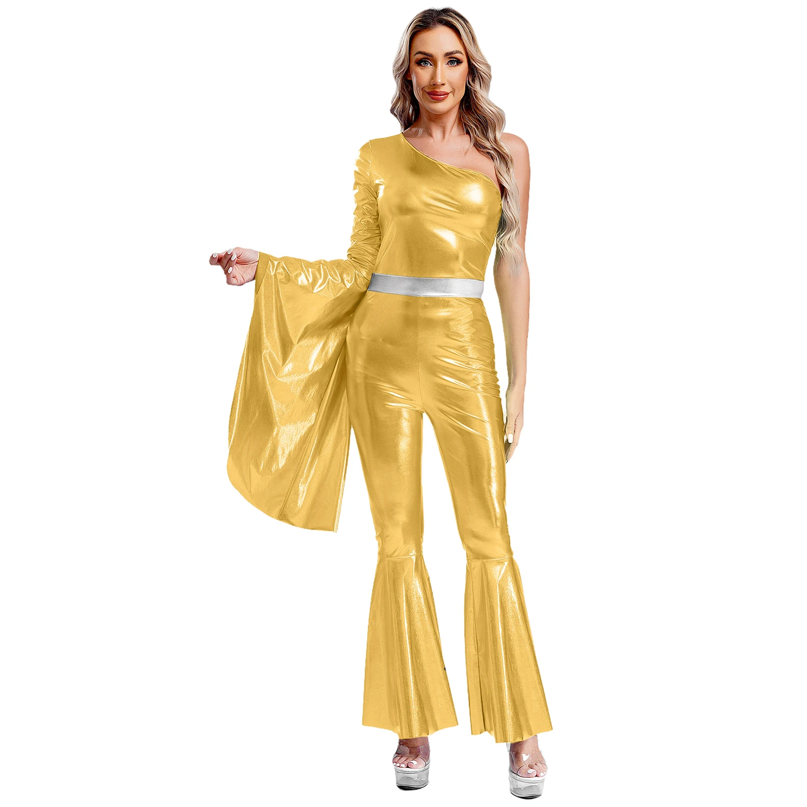 

Women 70‘s Disco Dance Costume One Shoulder Single Long Sleeve Bodysuit Flared Bell Jumpsuit Shiny Metallic Party Club Dancewear