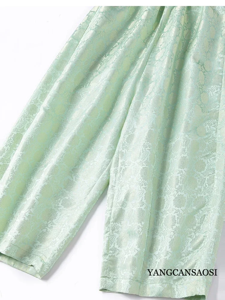 Woven Gold Jacquard Satin 30MM Heavy-duty 100% Natural Mulberry Silk Elastic Waist Loose Women's Casual Mint Green Harem Pants