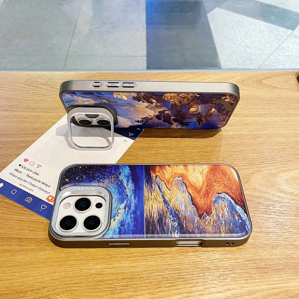 النفط اللوحة مذهب المشهد فناء الشاطئ مع حامل المغناطيسي غطاء الهاتف القضية آيفون 17 16 15 14 13 برو ماكس 17 الهواء #2