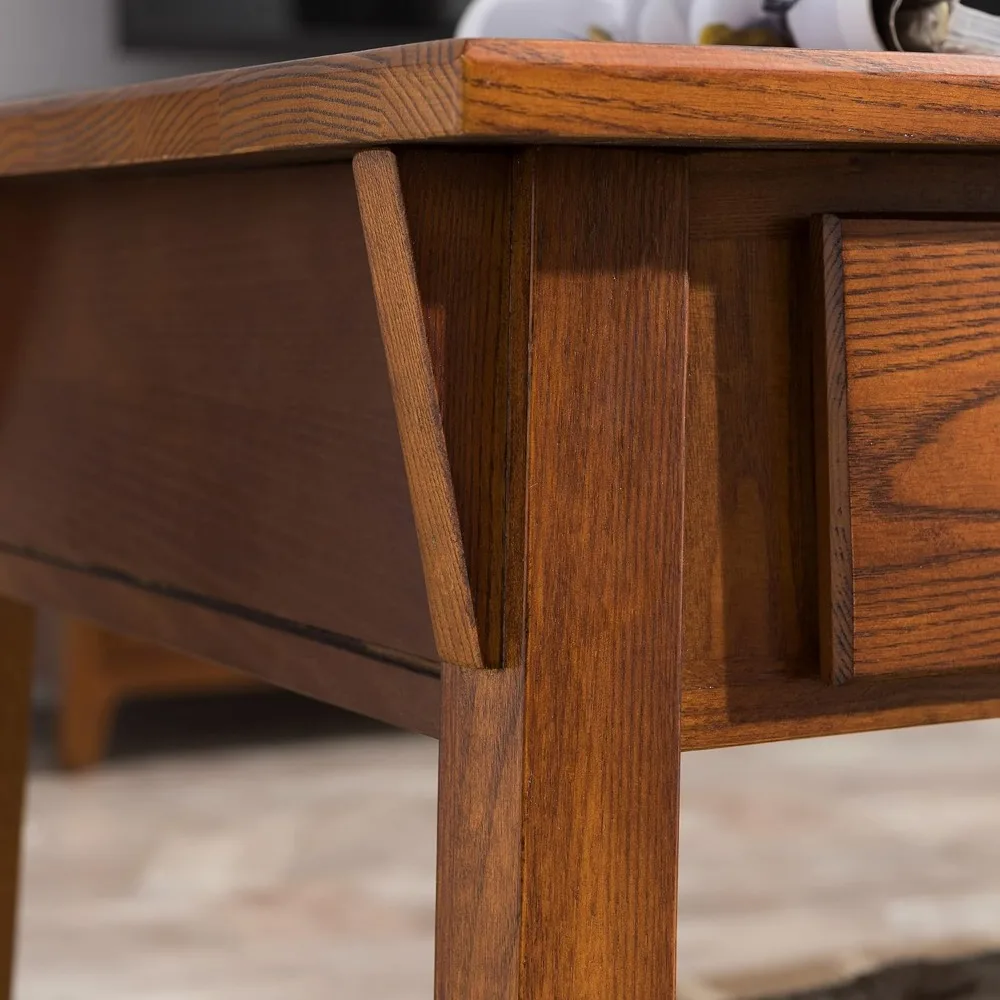 Mesa de café para sala, duas gavetas e prateleira, feita com madeira maciça