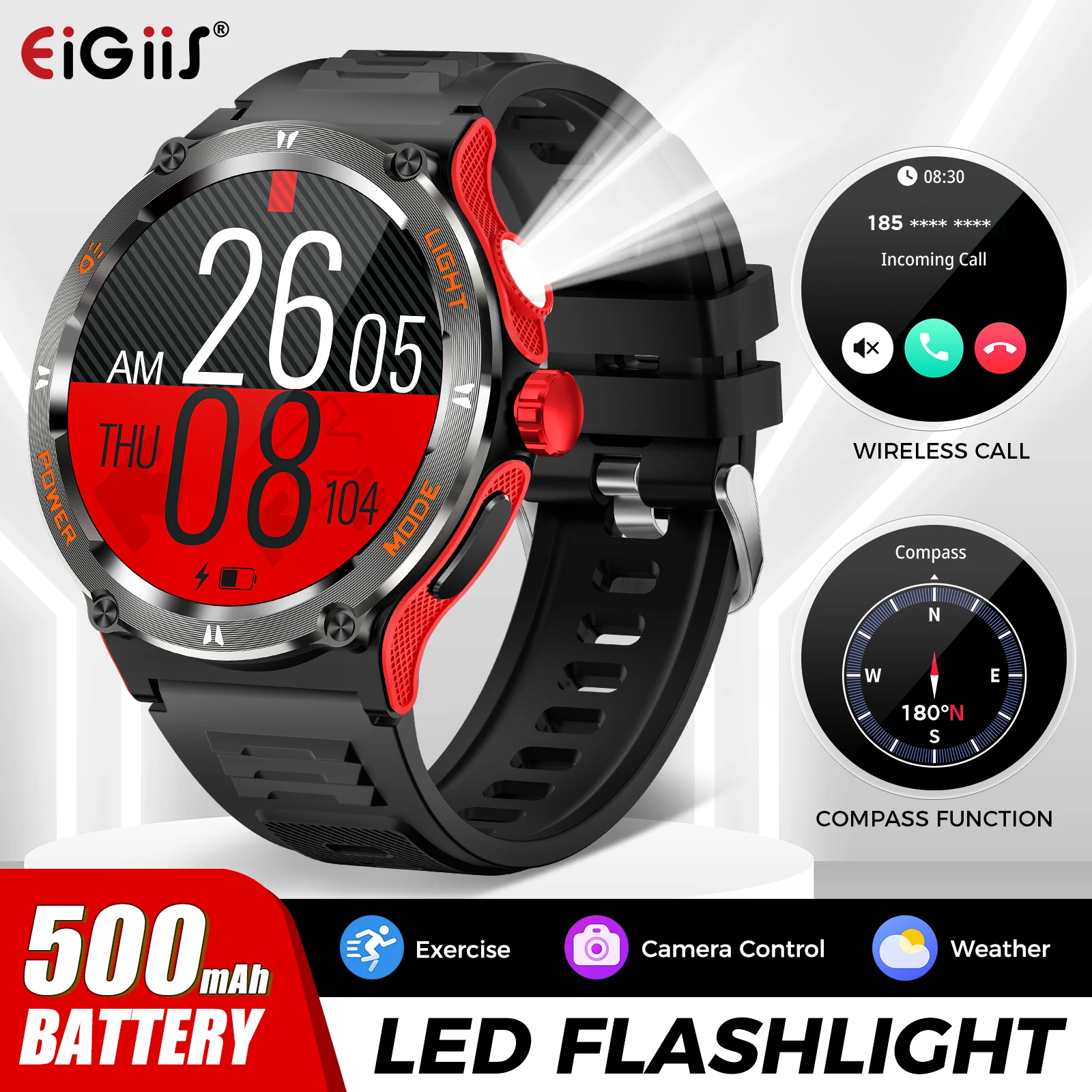 EIGIIS reloj inteligente militar para hombres con linterna LED rastreador de actividad/deporte reloj Monitor de ritmo cardíaco durante el sueño reloj inteligente al aire libre