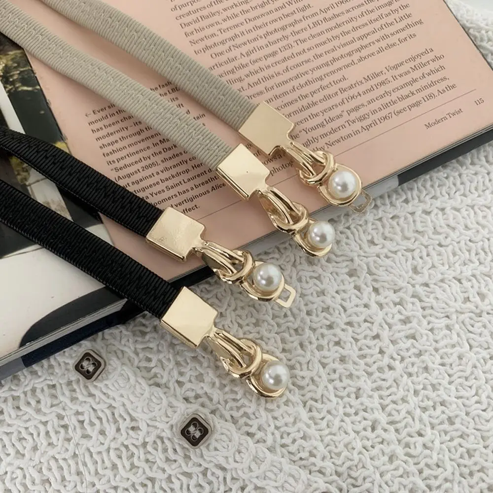 

Elegant Vintage Metal Buckle Solid Color Knot Double Pearl Female Waist Strap Dress Decoration Leather Belt Thin Waistband