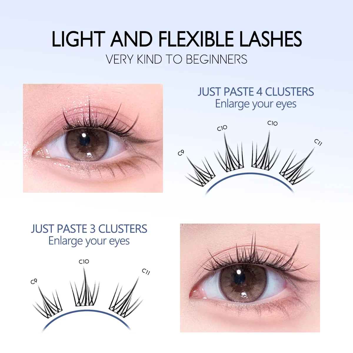 GROINNEYA Kleberfreie Cluster-Wimpern, selbstklebend, kein Entfernen erforderlich, wiederverwendbar, natürliches Manga-Wimpern-Make-up