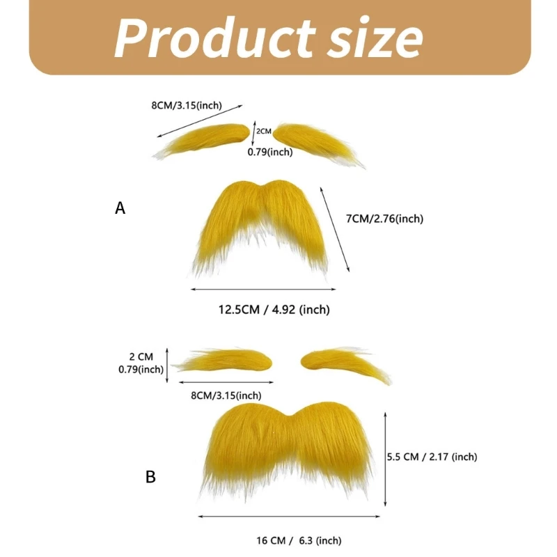 3Pcs Adult Kid Self Adhesive Yellow Fake Beard Mustaches and Eyebrow Set Festival Party Cosplay Outfit Accessories for Men Women