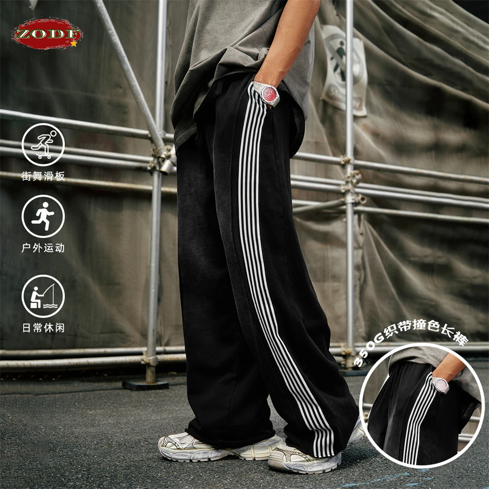 ZODF New Spring Men Ribbon Straight Pants Unisex Casual 350gsm 100% Cotton Basic Loose Sport Trousers Streetwears HY0837