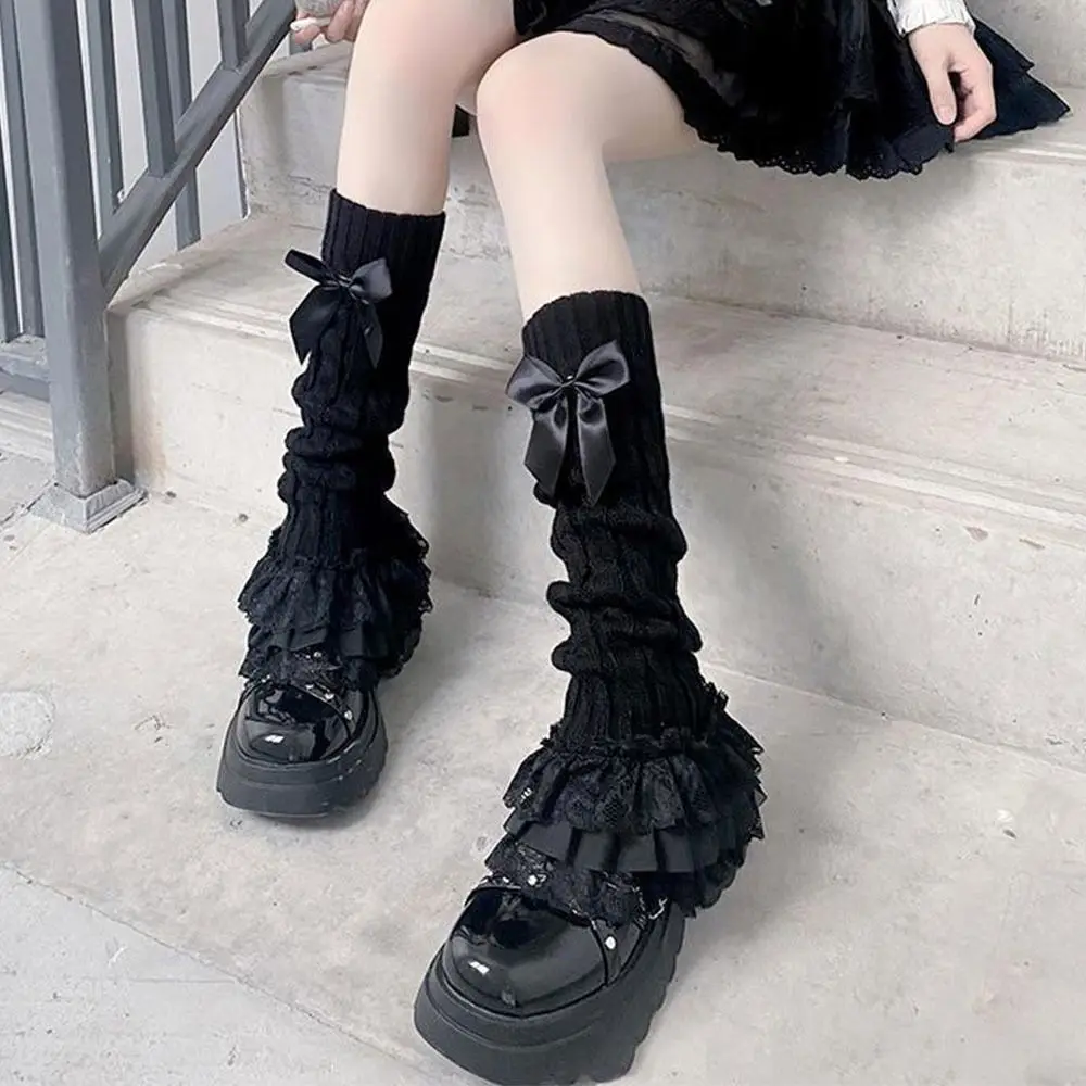 Ruffled Design Knitted Leg Warmer Lace Trim Bow Tiered Lace Lolita Socks Warm Knitted Fabric T-shaped Lace Socks Japanese Style