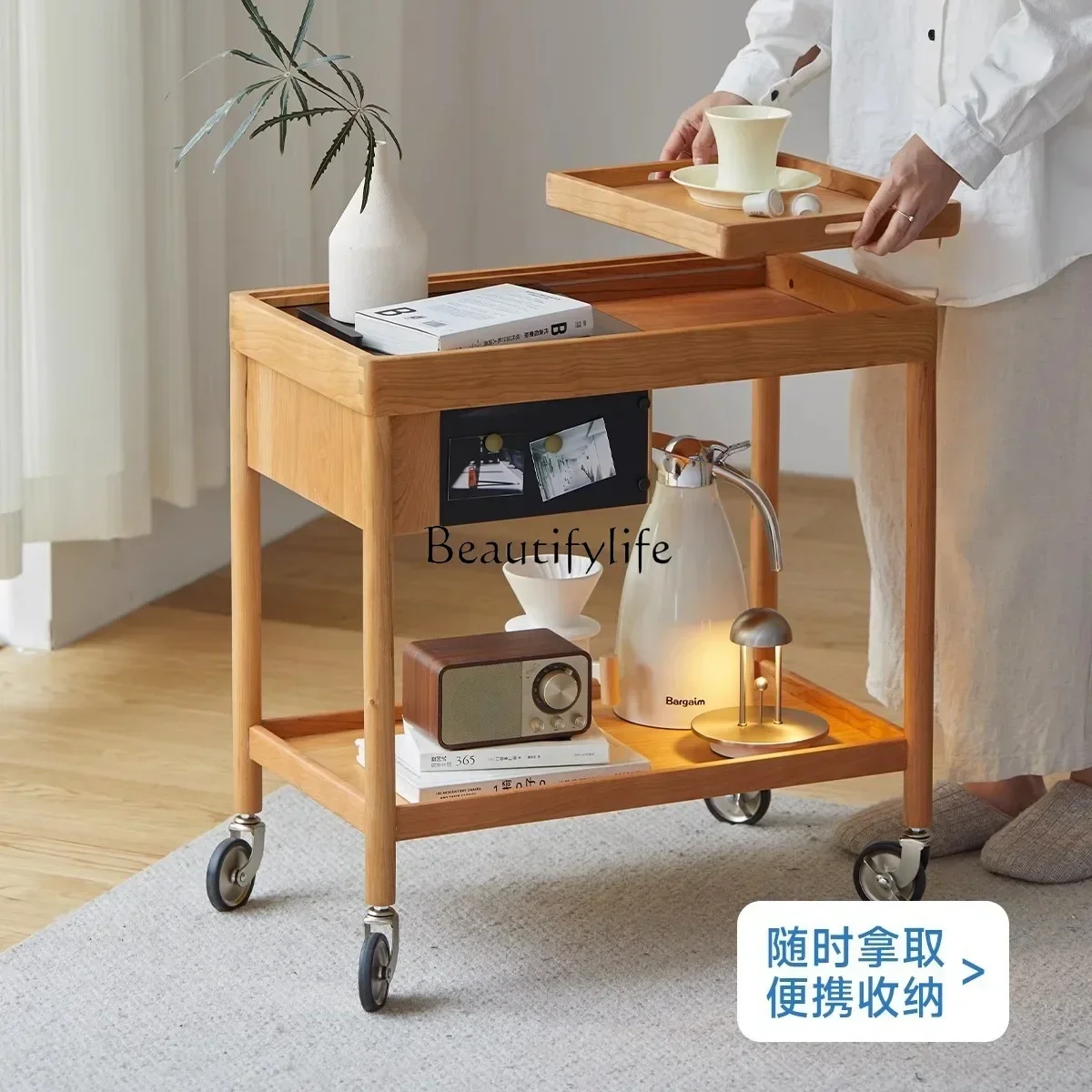 01 Solid wood edge few Nordic movable trolley cherry wood small apartment Japanese coffee table